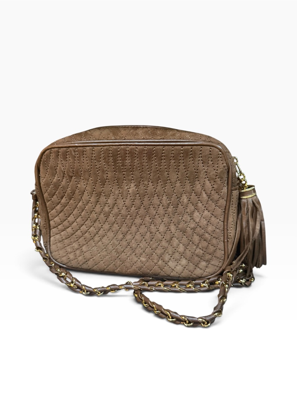 Bally Amera Mocha Suede Quilted Camera Crossbody Bag Gold Chain NWT - Picture 6 of 11